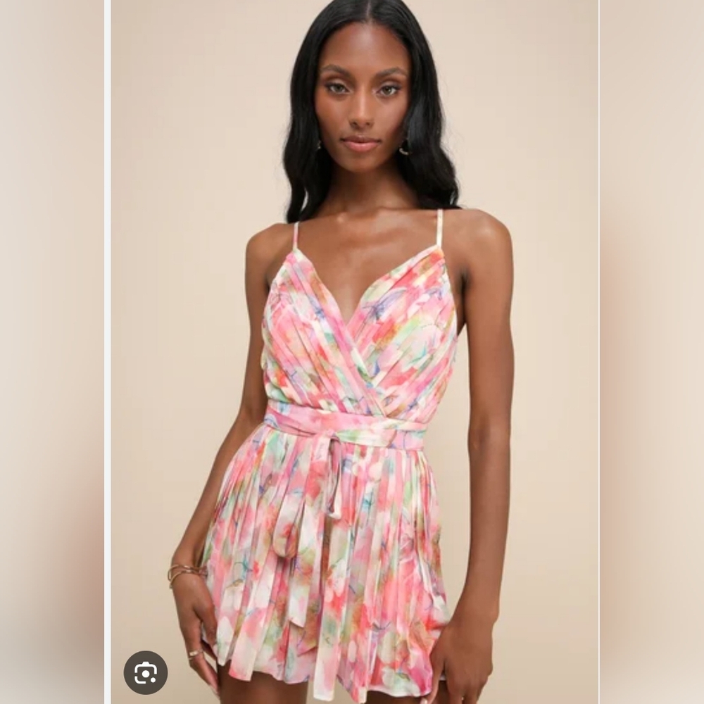 Lulu's Pink Multicolor Floral Pleated Backless Romper